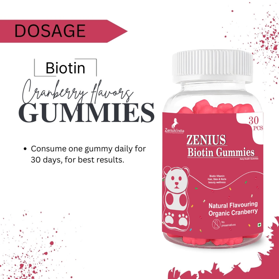 Zenius Biotin Vitamin Beauty Wellness Gummies for Hair, Skin and Nails (Cranberry Flavor) - 30 Days Pack - Zenius India