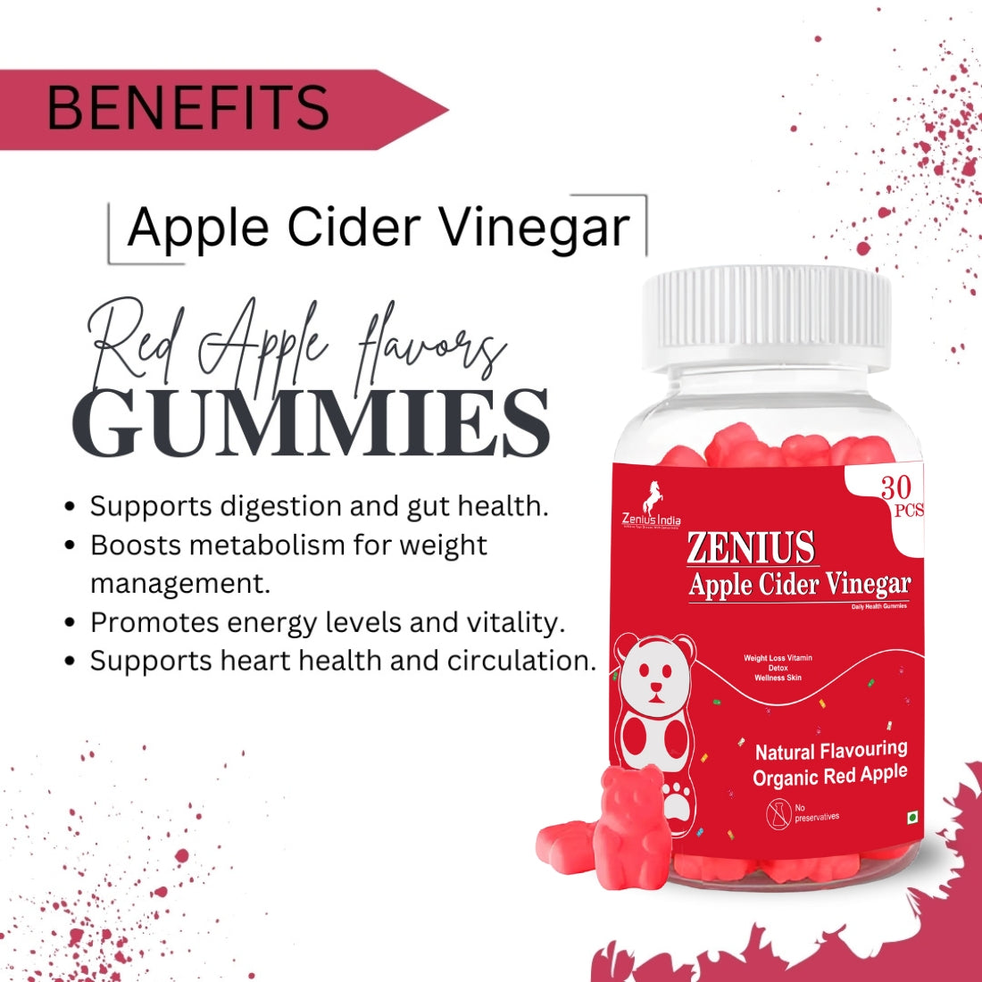 Zenius Apple Cider Vinegar Gummies for Digestive System (Apple Cider Vinegar Flavour) - Zenius India