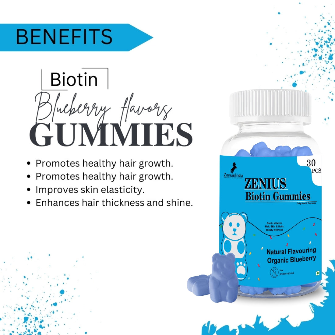 Zenius Biotin Vitamin Beauty Wellness Gummies for Hair, Skin and Nails (Blueberry Flavor) - Zenius India