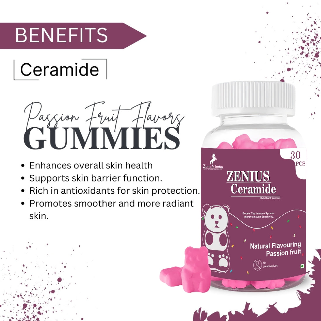 Zenius Passionate Ceramide Fruit Gummies for Glowing Skin
Ayurvedic beauty supplements with ceramide, promoting healthy, radiant skin.