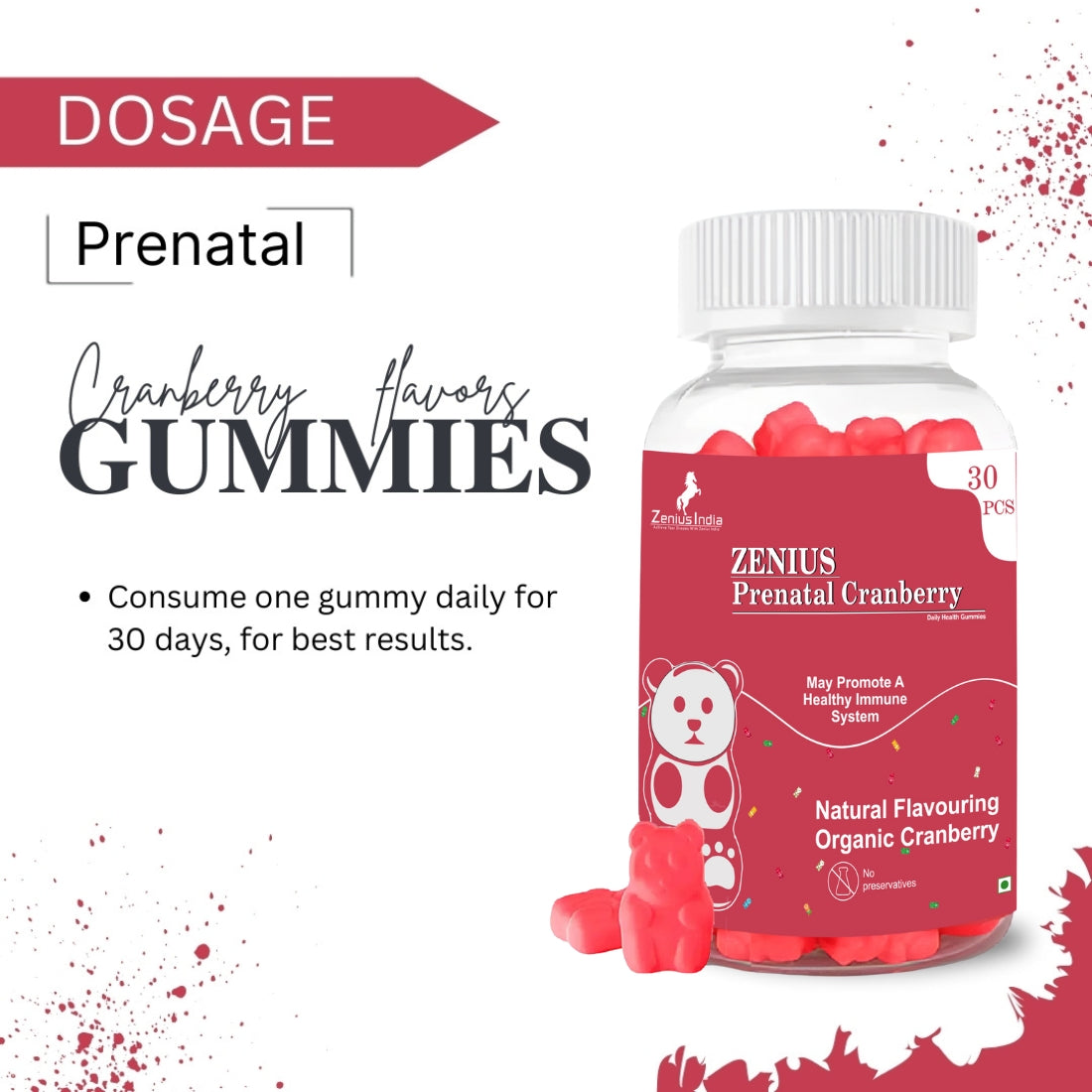 Zenius Prenatal Cranberry Gummies for Support Mother’s Health and Fetal Development, 30 Days Pack - Zenius India