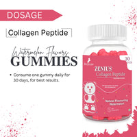 Watermelon-flavored collagen peptide gummies from Zenius India, a natural ayurvedic health and beauty brand. The gummies are designed to support overall skin health and reduce fine lines and wrinkles when consumed daily for 30 days.