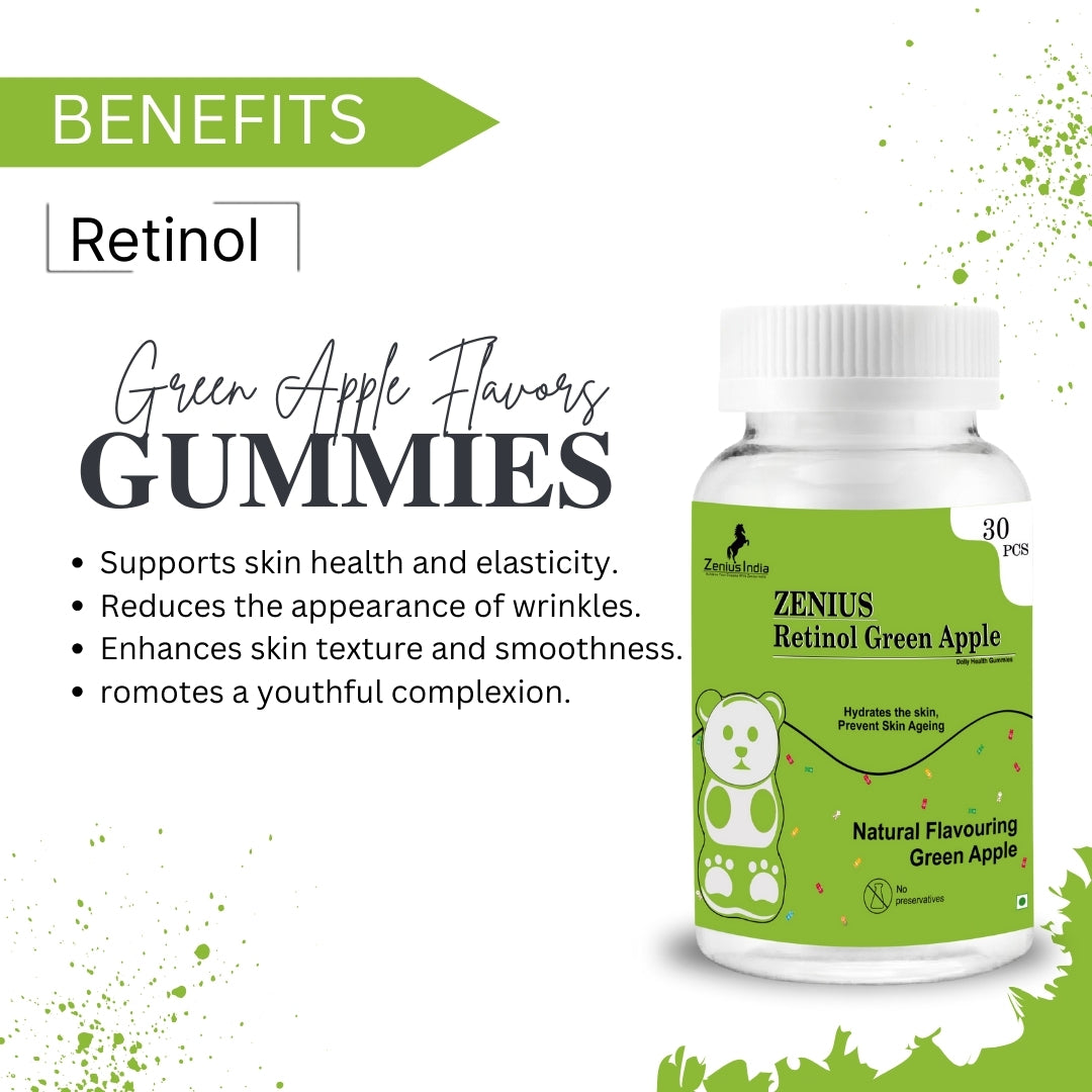 Zenius Green Apple Retinol Gummies for Youthful & Clear Skin, Strong Hair & Nails with Vitamin A