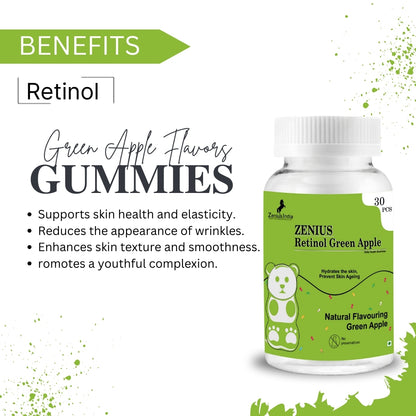 Zenius Green Apple Retinol Gummies for Youthful & Clear Skin, Strong Hair & Nails with Vitamin A