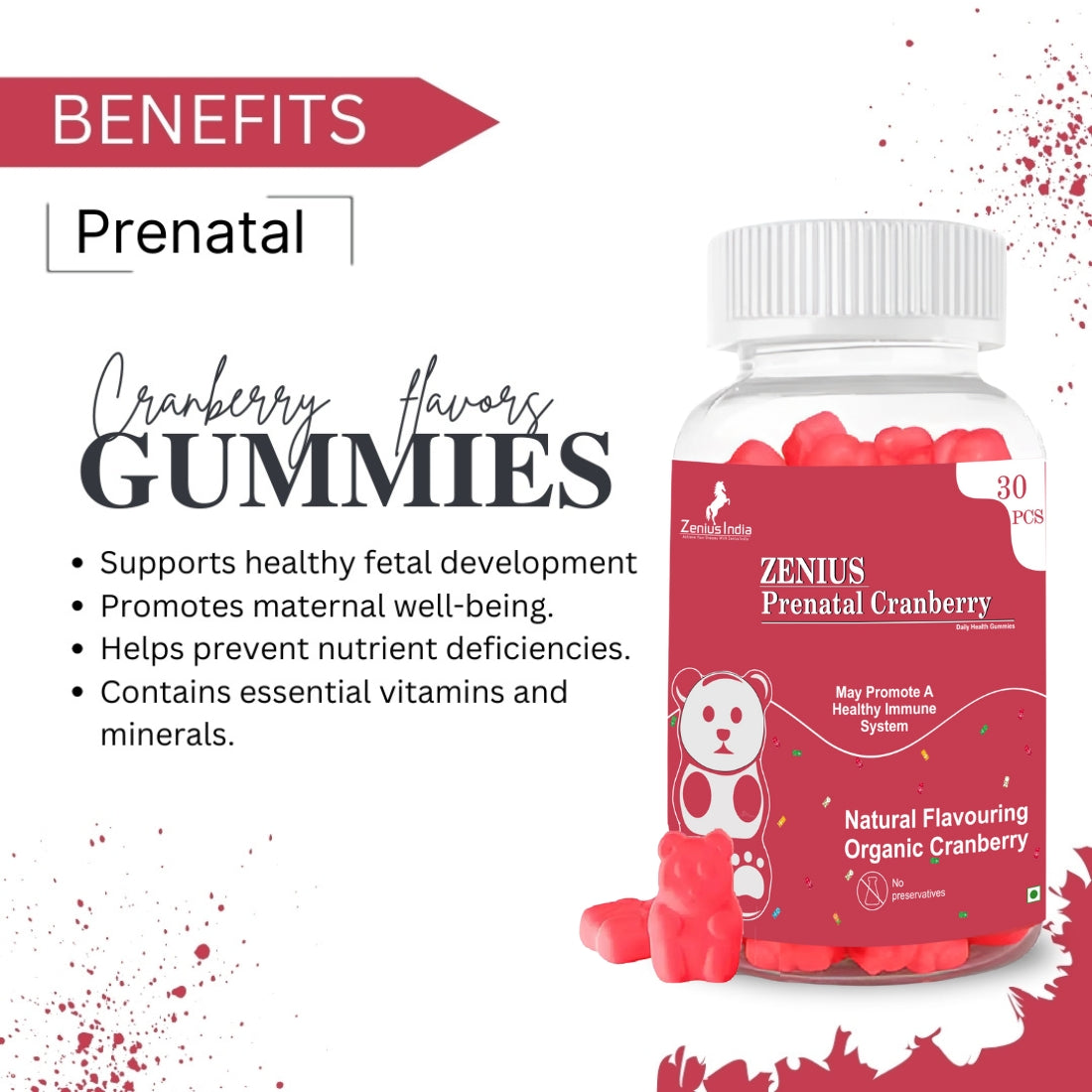 Zenius Prenatal Cranberry Gummies for Support Mother’s Health and Fetal Development, 30 Days Pack - Zenius India