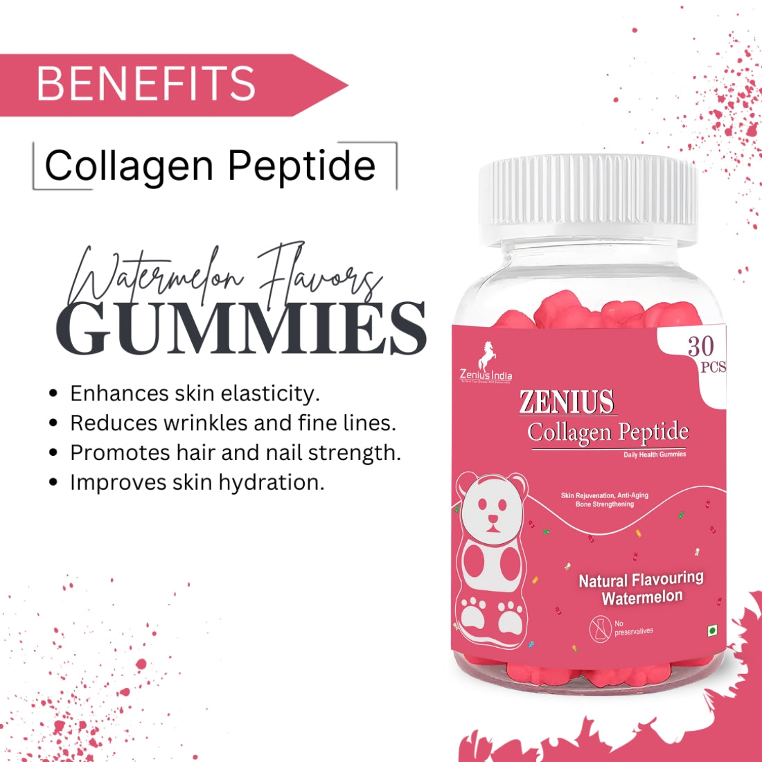 Zenius Refreshing Watermelon Collagen Peptide Gummies for Reducing Fine Lines and Wrinkles, Promoting Skin Health