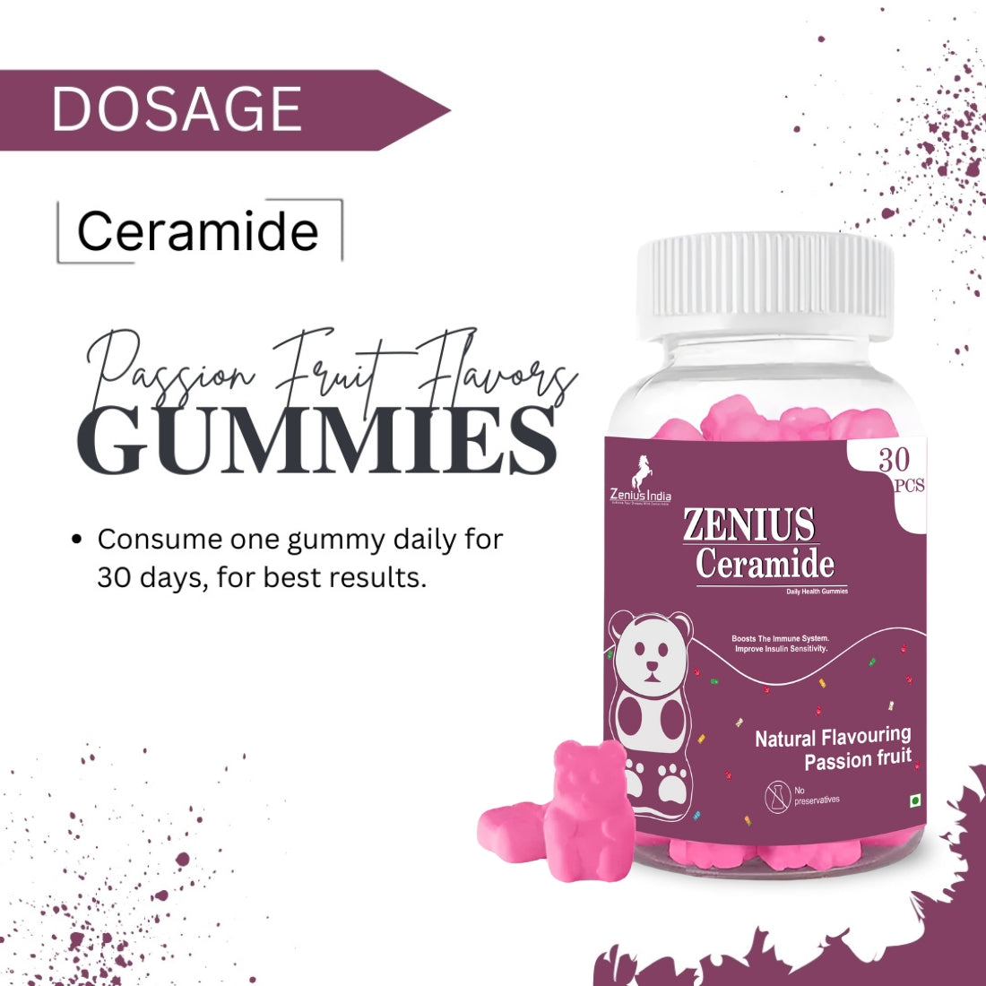 Passion fruit-flavored ceramide gummy supplements from Zenius India, a store offering natural ayurvedic healthcare products. The gummies are designed to provide daily nourishment for glowing skin, with one to be consumed daily for 30 days for best results.