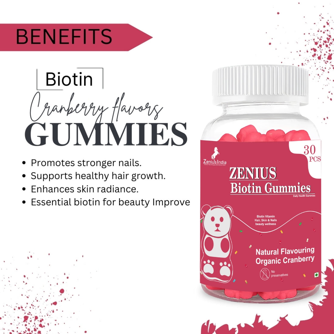 Zenius Biotin Vitamin Beauty Wellness Gummies for Hair, Skin and Nails (Cranberry Flavor) - 30 Days Pack - Zenius India