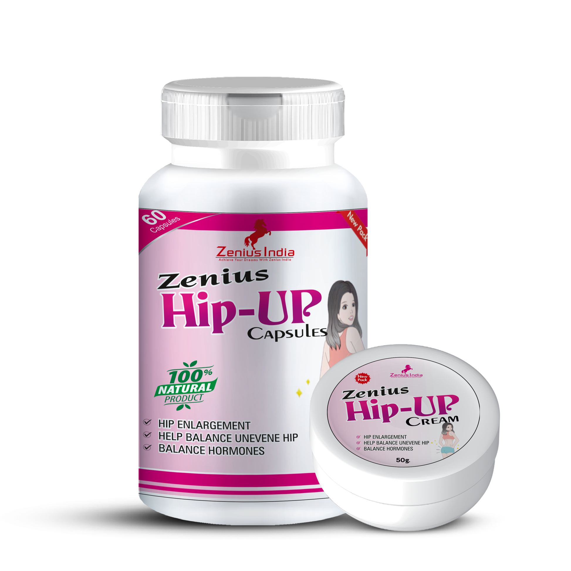 Zenius Hip Up Butt Enlargement medicine & Hips enlargement kit for Women's - 60 Capsules & 50g Cream - Zenius India