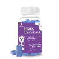 Vibrant blue gummy bears in jar with Zenius India logo - natural flavoring, black currant and hyaluronic acid dietary supplement for skin, eye, and joint health.