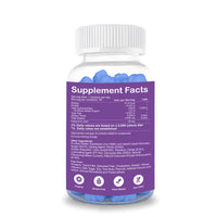 Bottle of Zenius Black Currant Hyaluronic Acid Gummies for Skin, Eye & Joint, featuring a white label with nutrition facts and supplement information.