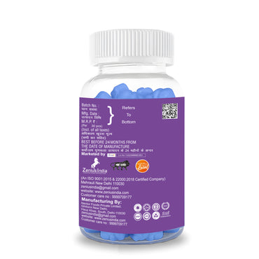 Bottle of Zenius Black Currant Hyaluronic Acid Gummies for Skin, Eye & Joint Care, featuring a purple and white label with product details.