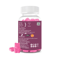 Bottle of Zenius Passionate Ceramide Fruit Gummies for Glowing Skin, a beauty care product from the Zenius India store. The gummies are pink in color and packaged in a white bottle with a screw-top lid.