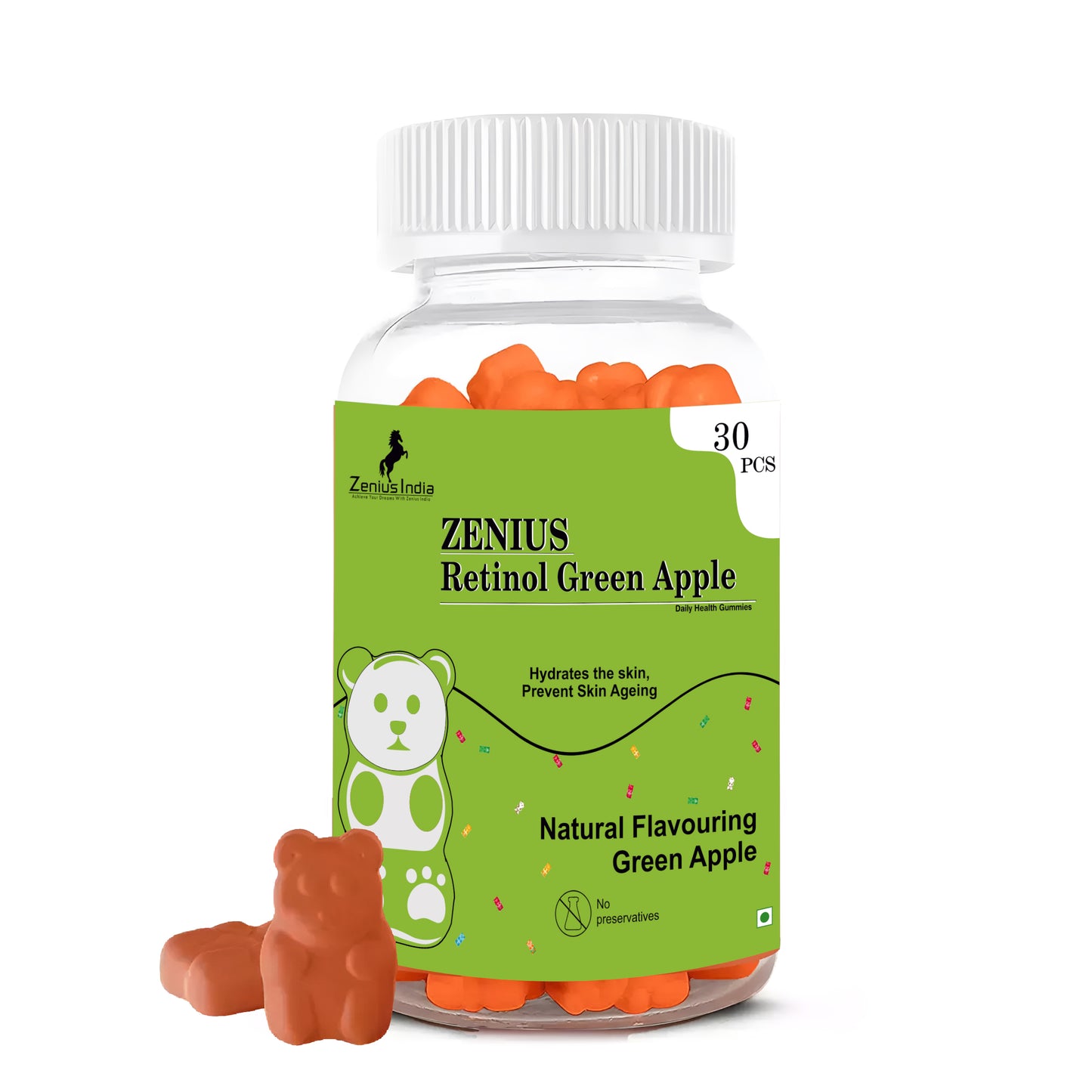 Zenius Green Apple Retinol Gummies for Youthful & Clear Skin, Strong Hair & Nails with Vitamin A - Zenius India