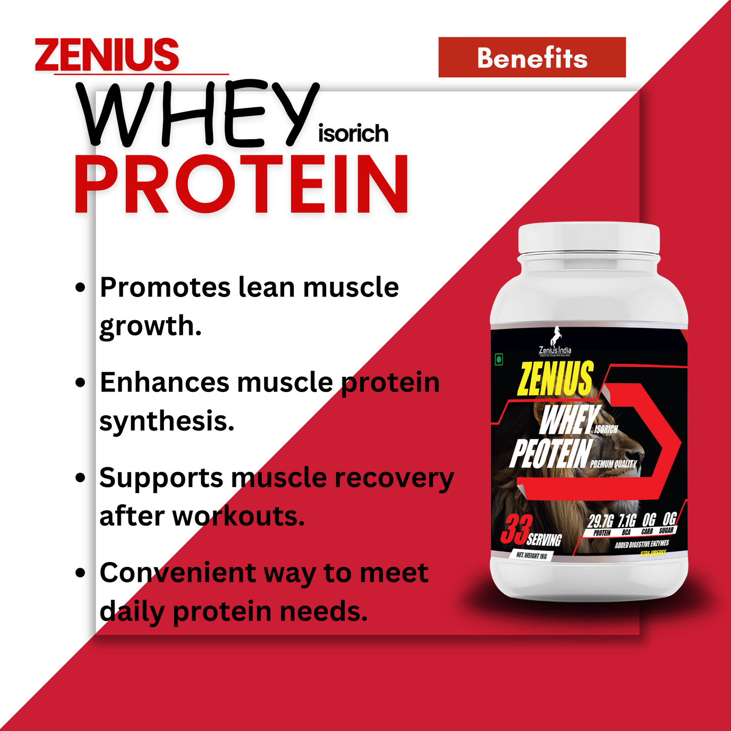 Zenius Whey Protein Strawberry flavor for Muscle Building Potential & Muscle Growth - Zenius India