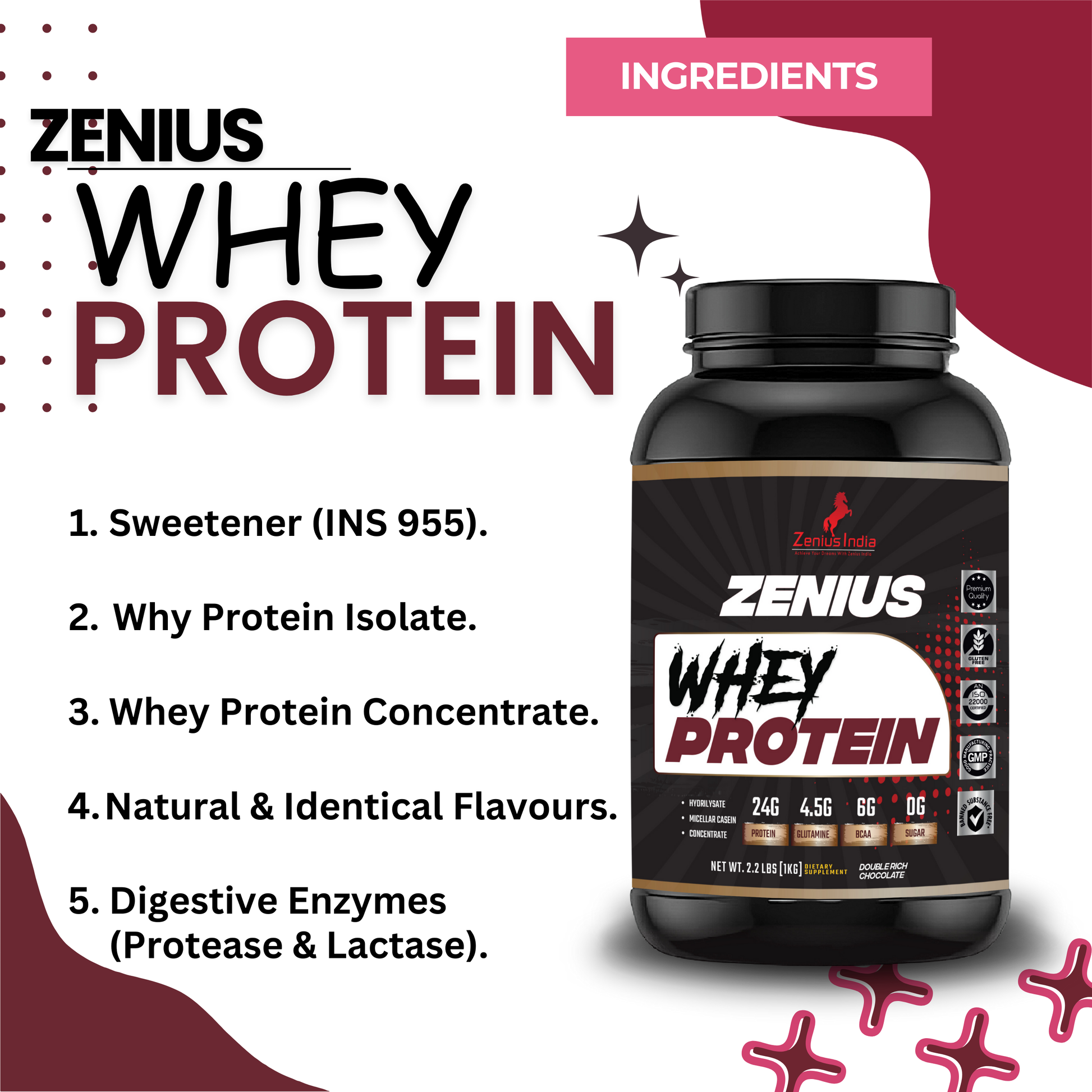 Zenius Whey Protein with Double Rich Chocolate Flavor Achieve Your Muscle-Building - 1Kg - Zenius India