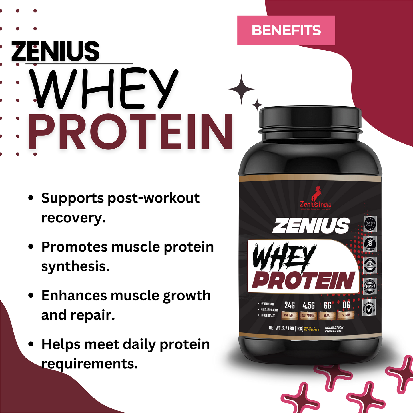 Zenius Whey Protein with Double Rich Chocolate Flavor Achieve Your Muscle-Building - 1Kg - Zenius India