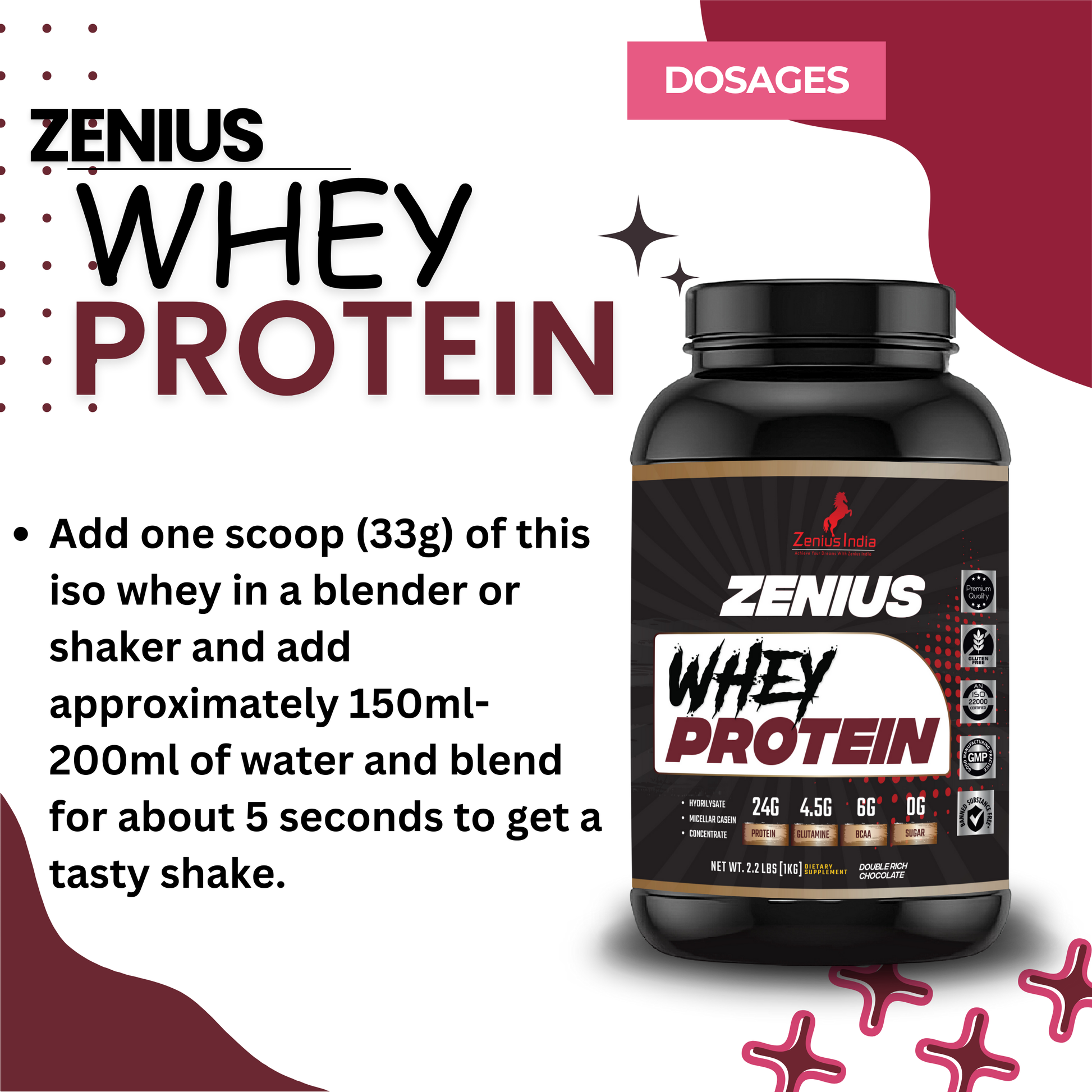 Zenius Whey Protein with Double Rich Chocolate Flavor Achieve Your Muscle-Building - 1Kg - Zenius India