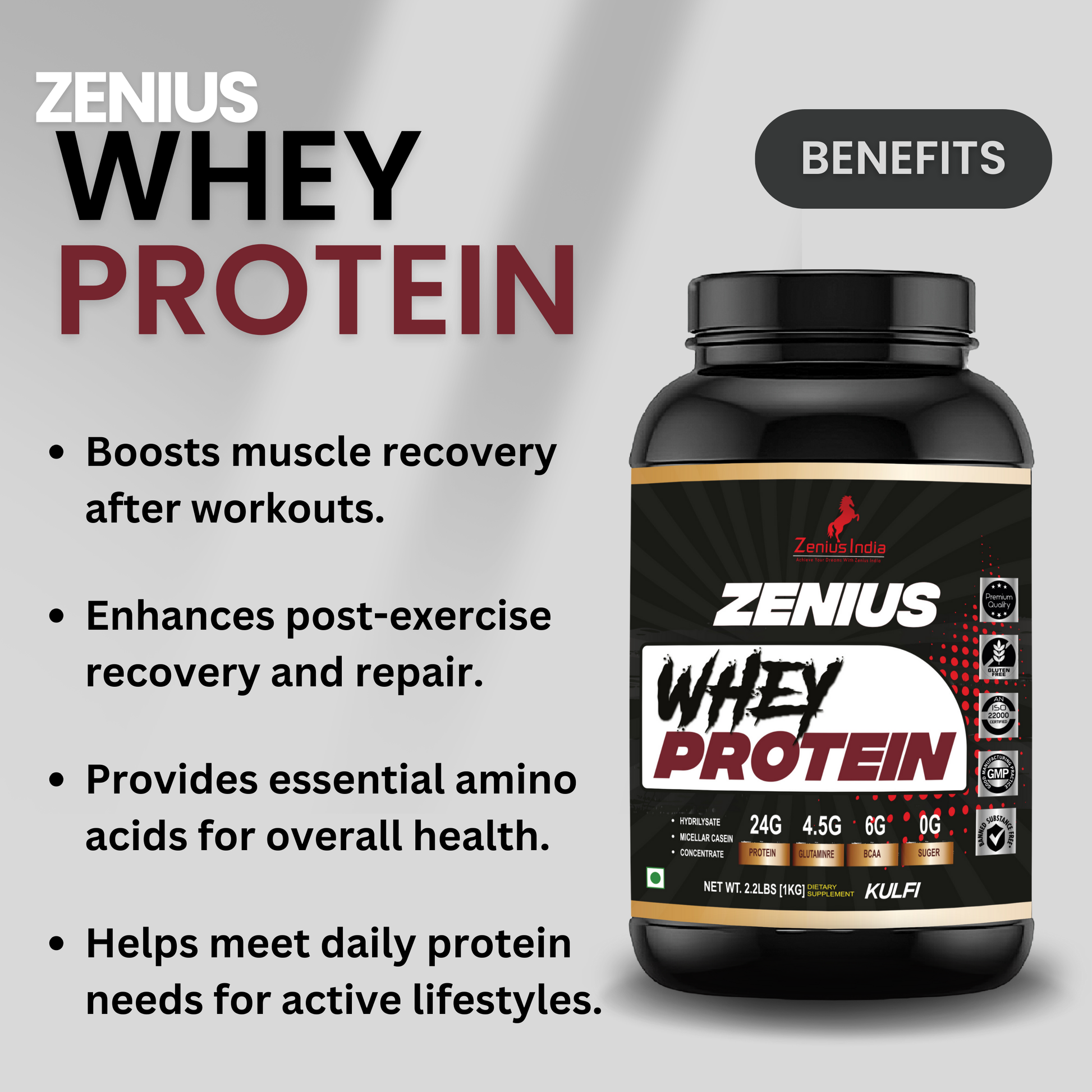 Zenius Whey Protein with Kulfi Flavor for Muscle Support & Muscle Growth - 1Kg - Zenius India