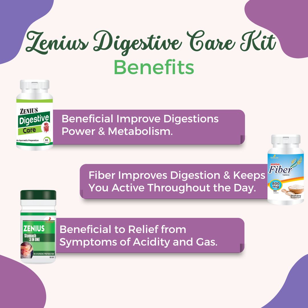 Zenius Digestive Care Kit for digestion support & immune health supplement - 60 Capsules, 60 Tablets & 100g Powder - Zenius India