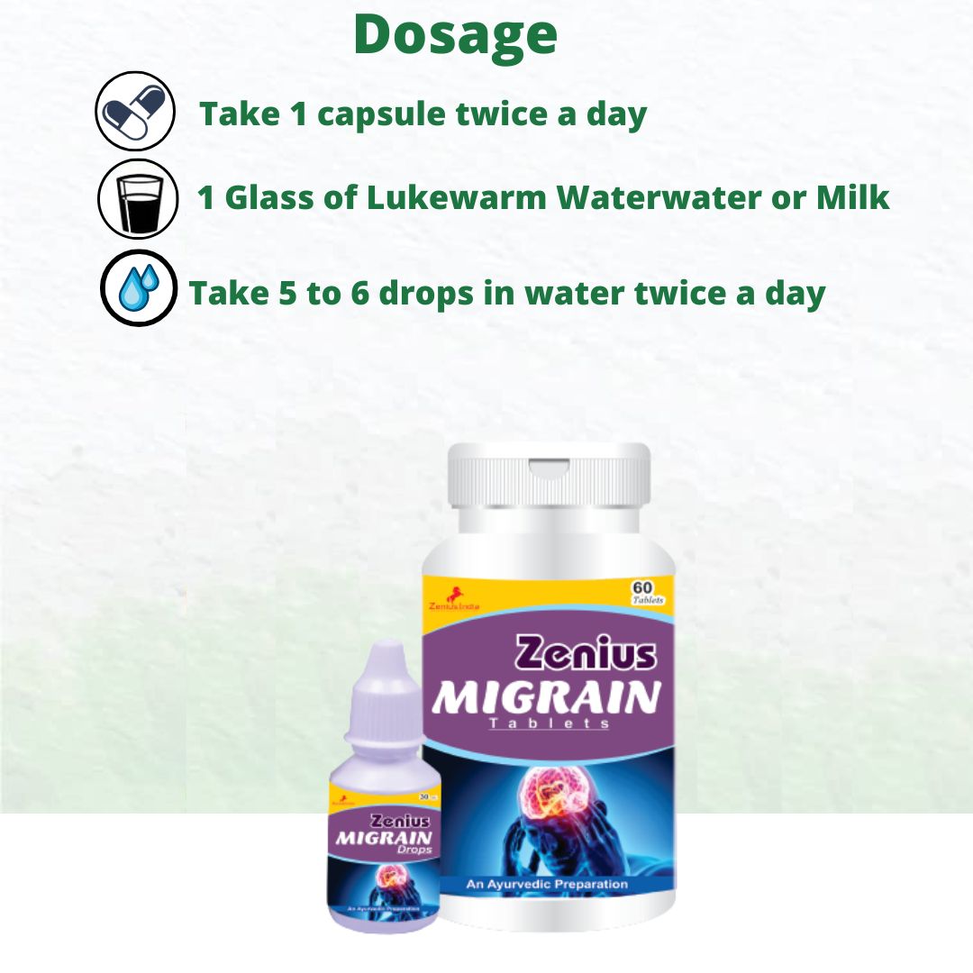 Zenius Migrain Tablets and drops for headache, migraine pain relief - 60 Tablets & 30ml drops Zenius India