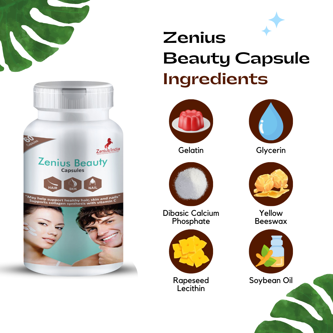 Zenius Beauty Capsule for Hair Growth, Healthy Skin, Nails Whitening -Zenius Beauty Capsule, also known as ascorbic acid, is one of the essential nutrients critical for vital functioning. Whether you want to boost your immune system, sGeneral WellnessZenius IndiaHair Growth, Healthy Skin, Nails Whitening - 60 Capsules