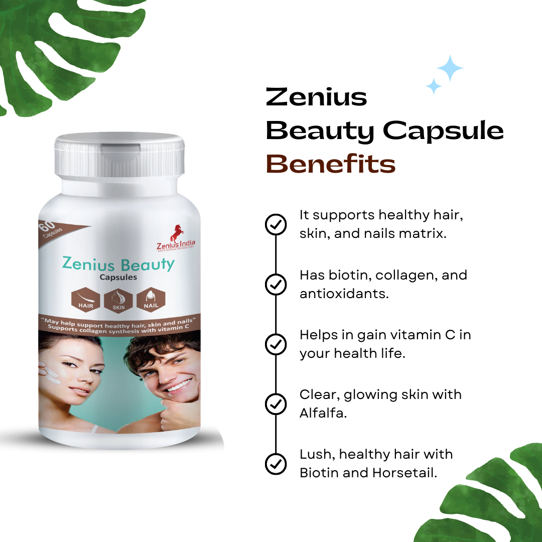 Zenius Beauty Capsule for Hair Growth, Healthy Skin, Nails Whitening -Zenius Beauty Capsule, also known as ascorbic acid, is one of the essential nutrients critical for vital functioning. Whether you want to boost your immune system, sGeneral WellnessZenius IndiaHair Growth, Healthy Skin, Nails Whitening - 60 Capsules