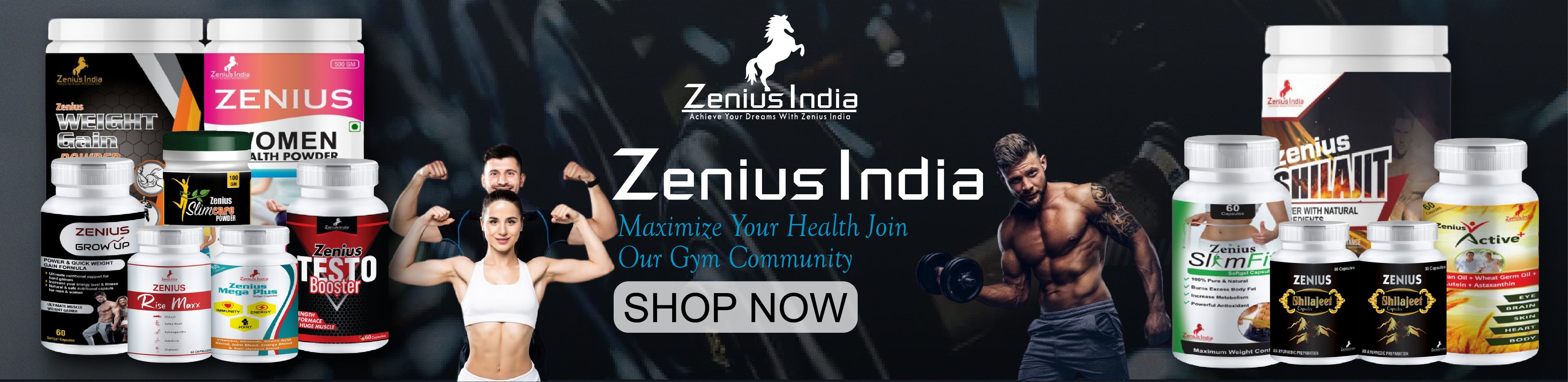 Health and wellness banner showcasing a variety of health-related products available on zeniusindia
