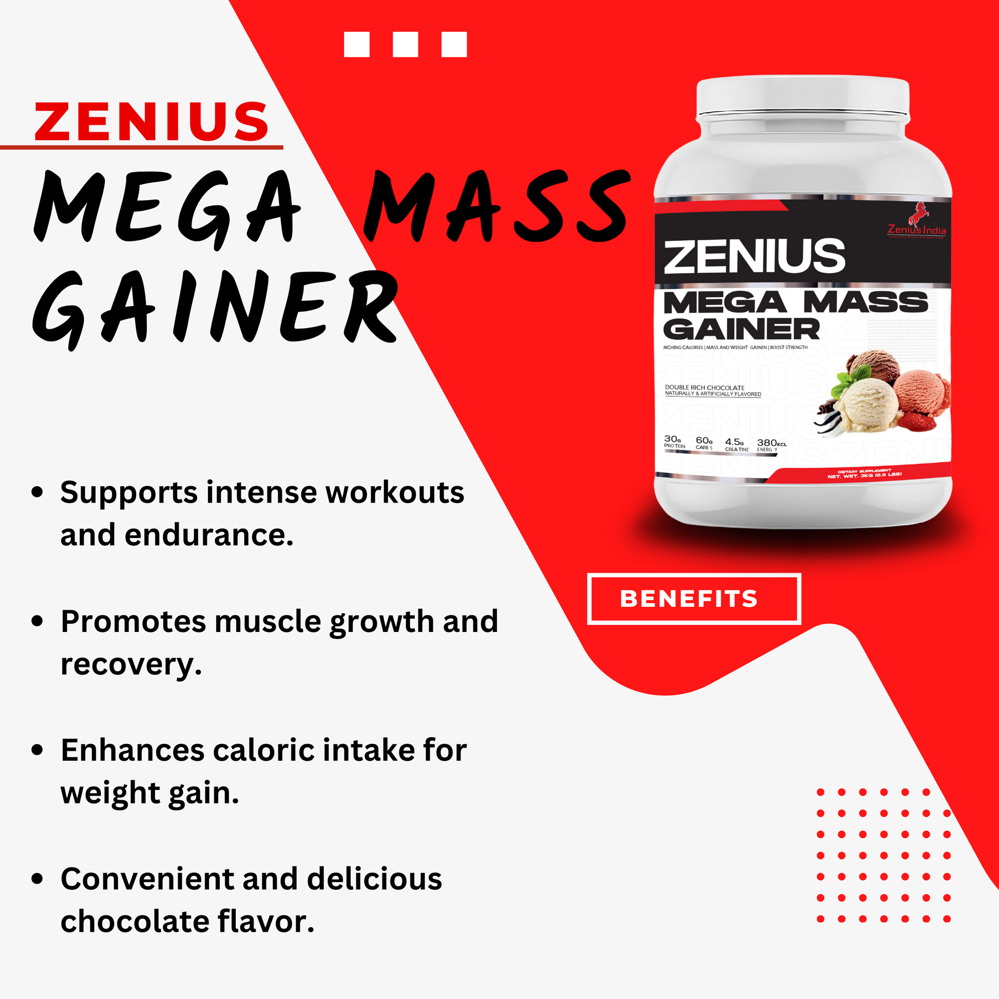 Zenius Mega Mass Gainer with Rich Chocolate Flavor for Muscle Growth - 3Kg - Zenius India