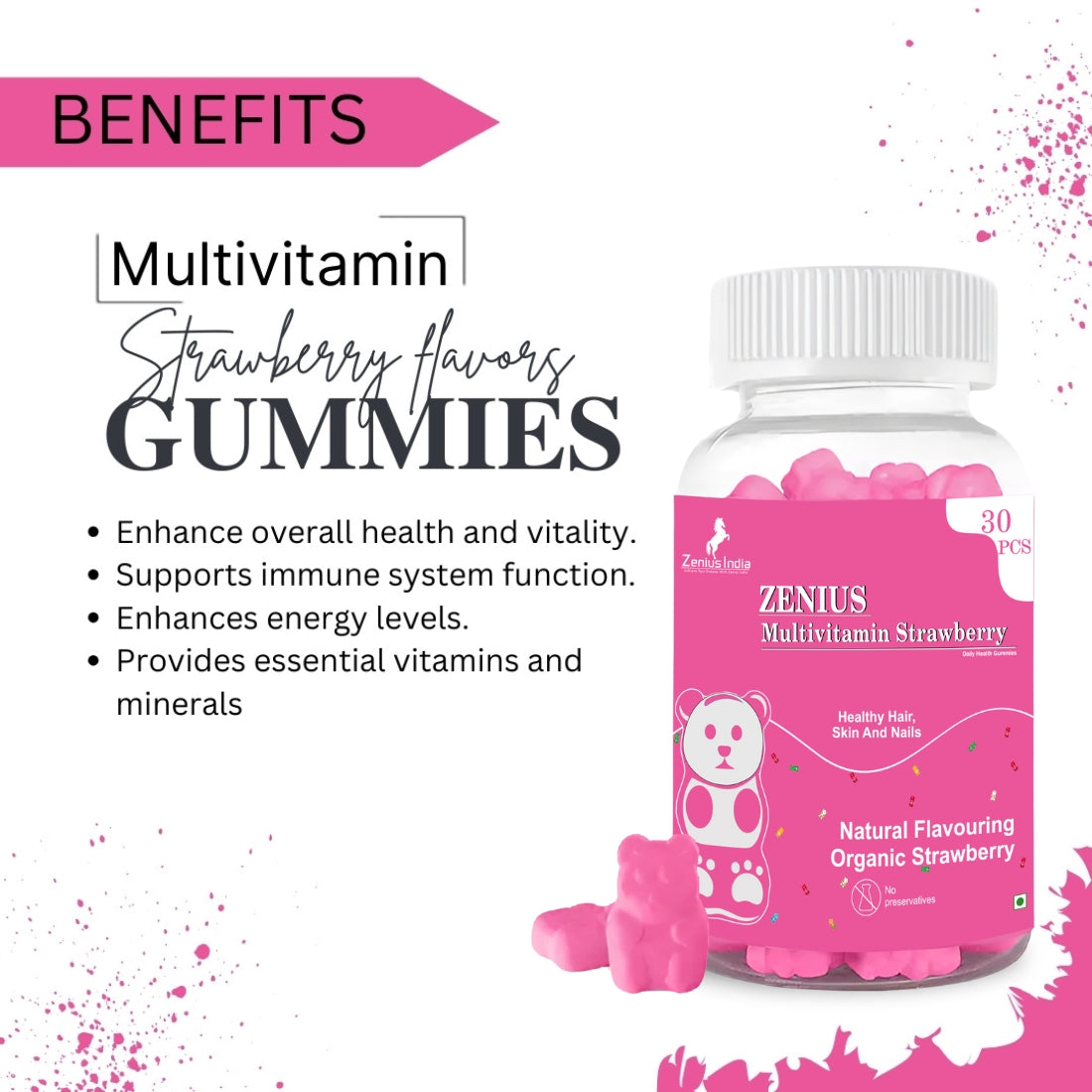 Zenius Multivitamin Gummies Daily Wellness for Growing Overall Health (Strawberry Flavour) - 30 Pcs. - Zenius India