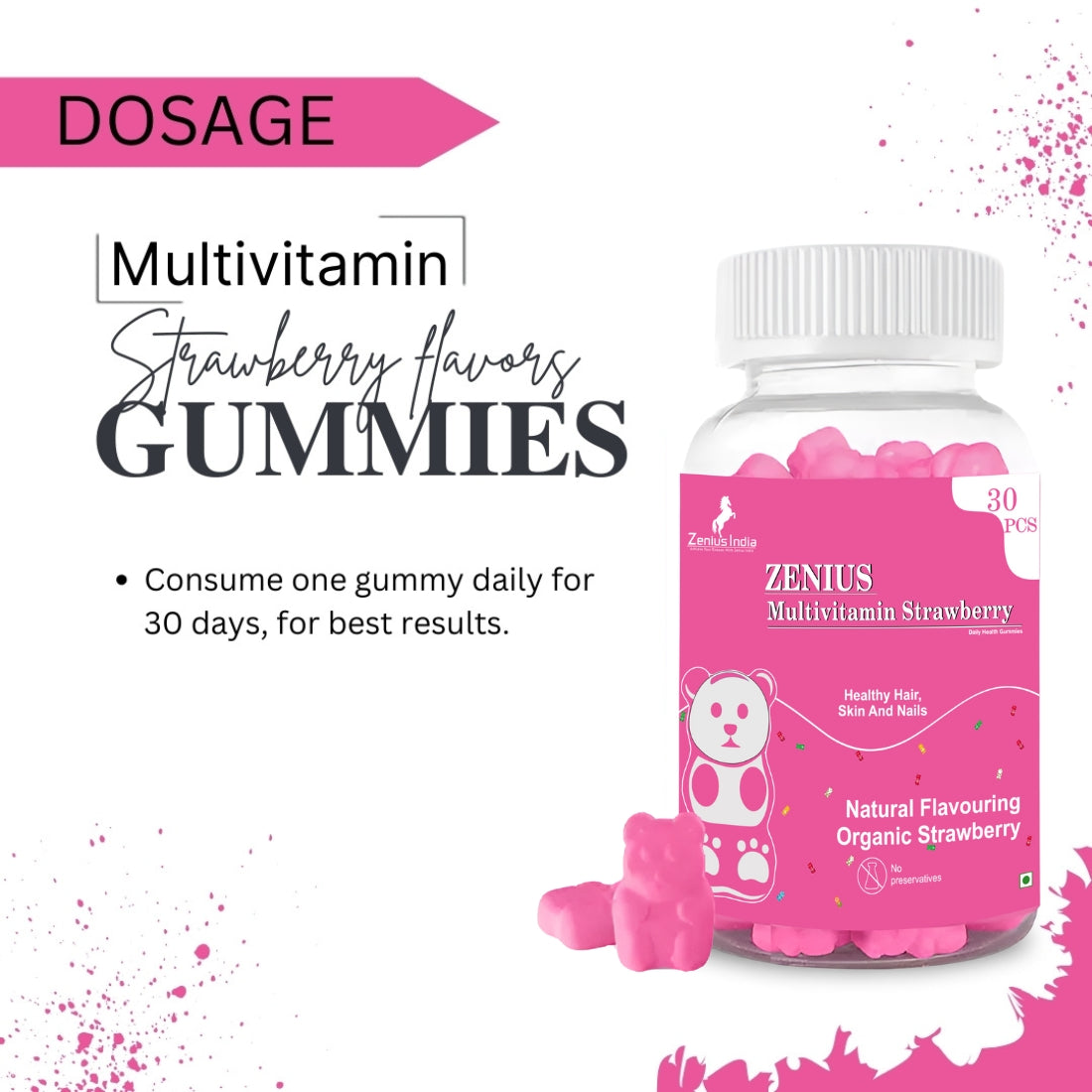 Zenius Multivitamin Gummies Daily Wellness for Growing Overall Health (Strawberry Flavour) - 30 Pcs. - Zenius India