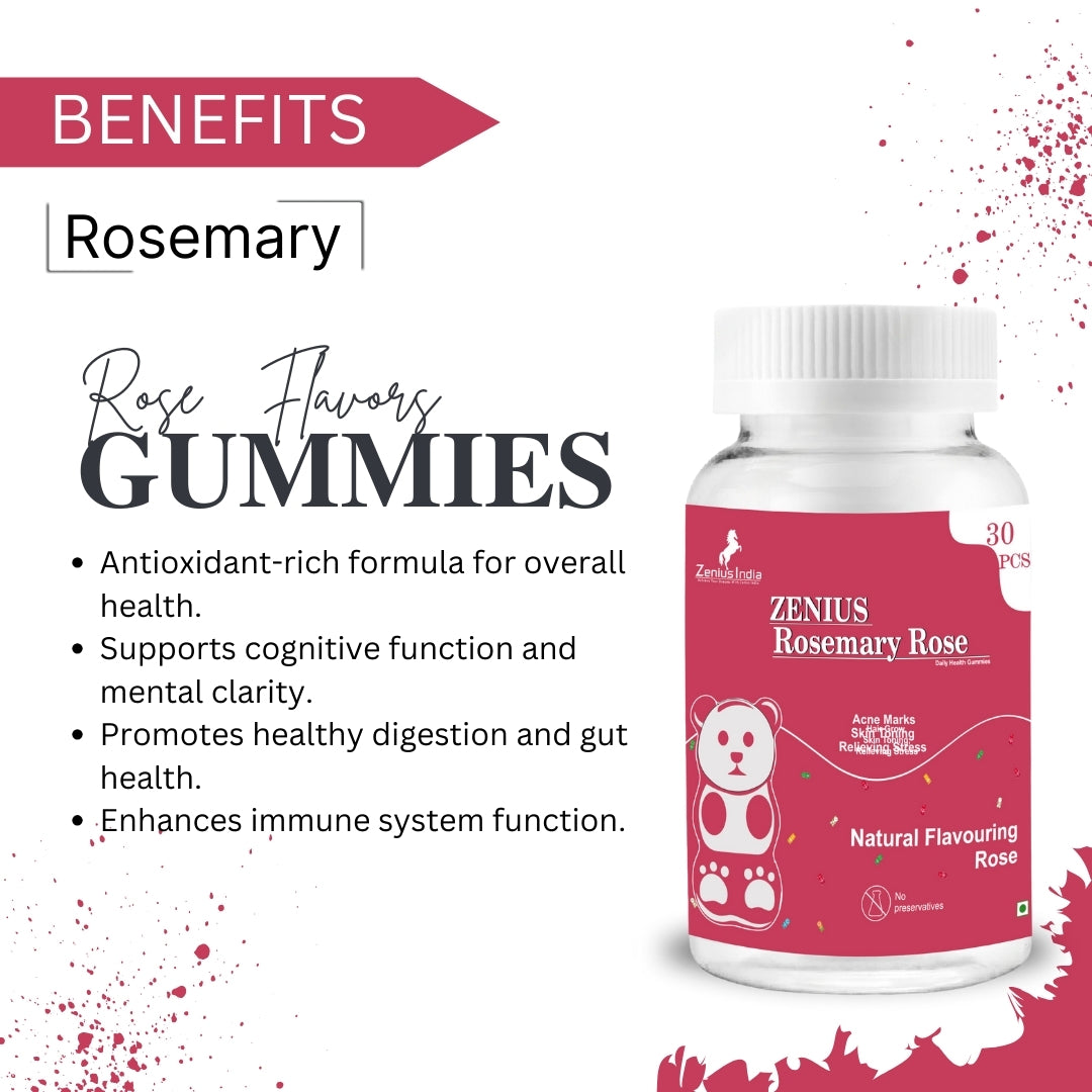 Zenius Rose Flavored Rosemary Gummies: Antioxidant-rich formula for overall health, cognitive function and mental clarity.