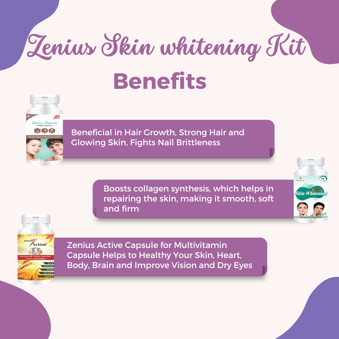 Zenius Skin Whitening Kit Beneficial To Dry Eyes & Skin Whitening and Glowing - pack of 3X60 Capsules - Zenius India