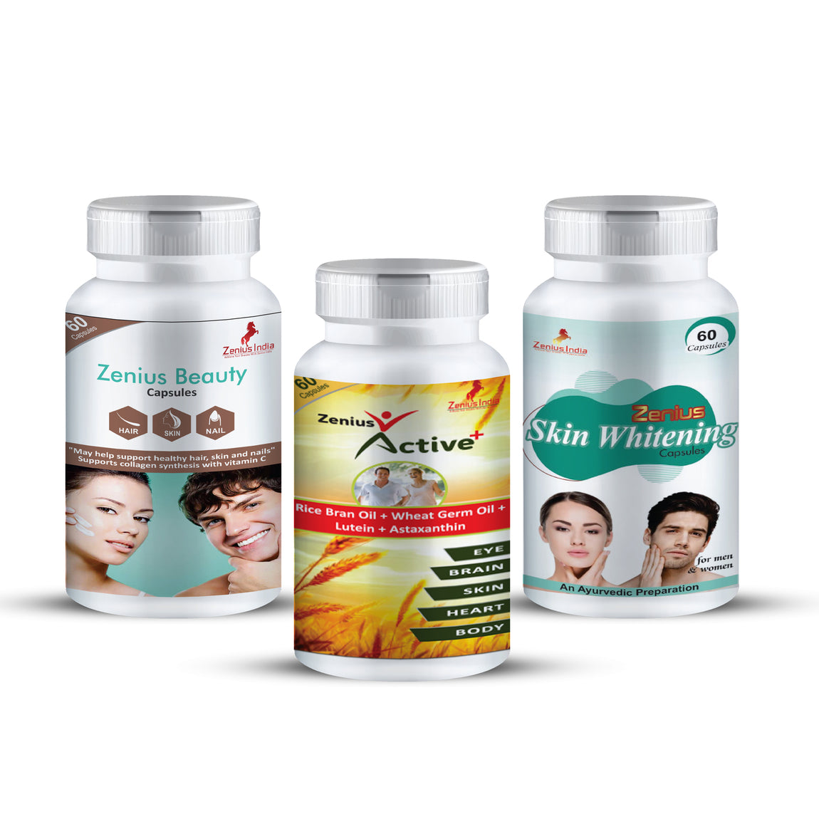 Zenius Skin Whitening Kit Beneficial To Dry Eyes & Skin Whitening and Glowing - pack of 3X60 Capsules - Zenius India