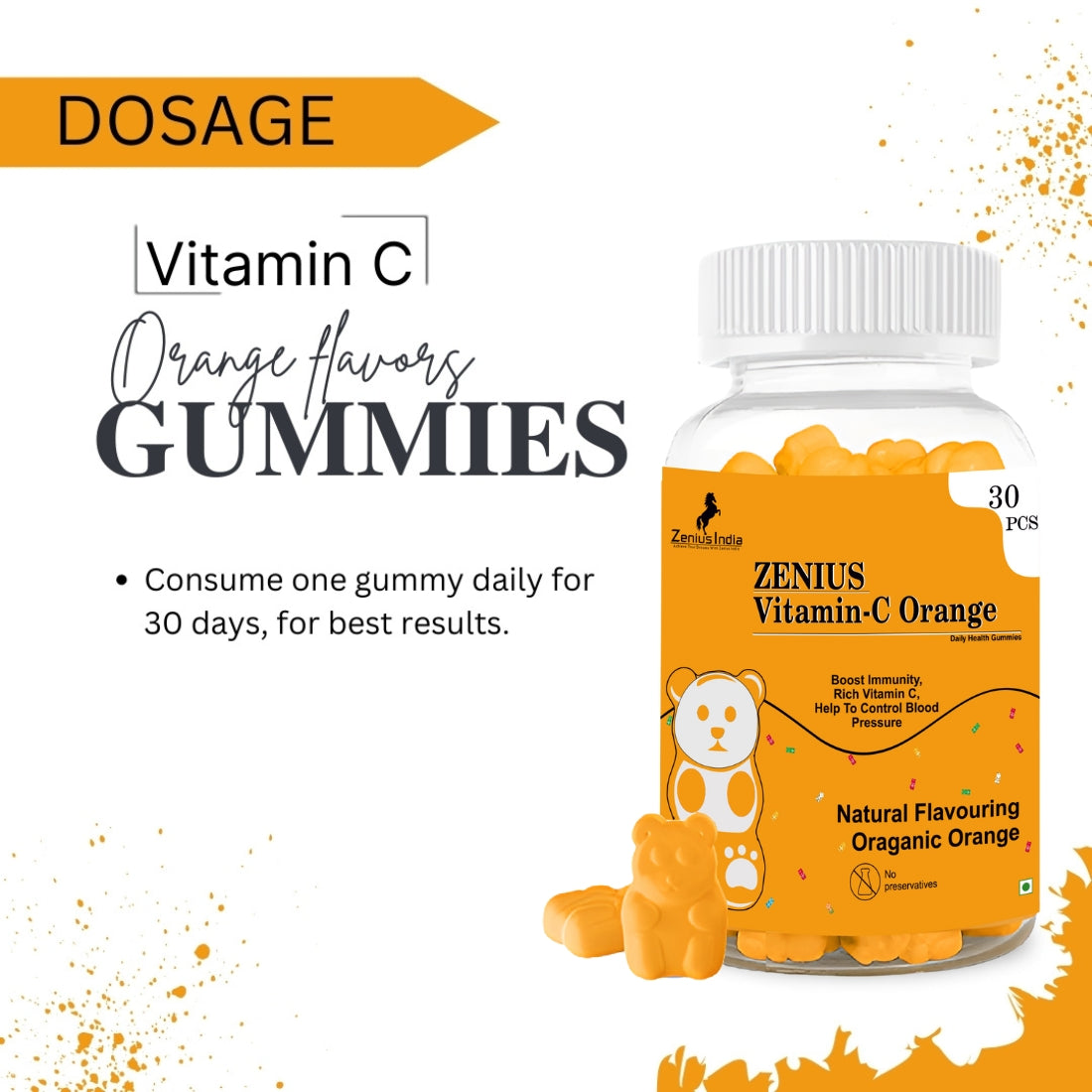 Zenius Vitamin C Gummies Delicious Daily Immune Support (Orange Flavour)- 30 Pes. - Zenius India