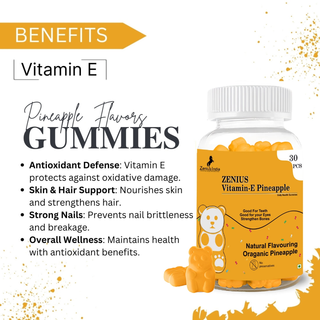 Tropical Pineapple Vitamin E Gummies: Boost your skin health with antioxidant protection, nourishing ingredients, and strengthening benefits for nails and hair.