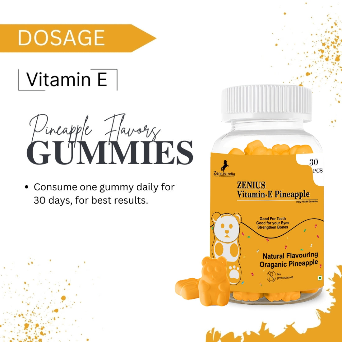 Tropical Pineapple Vitamin E Gummies: Boost Your Skin Health
Vitamin E-rich gummies with natural pineapple flavour, offered by Zenius India for improved skin health.