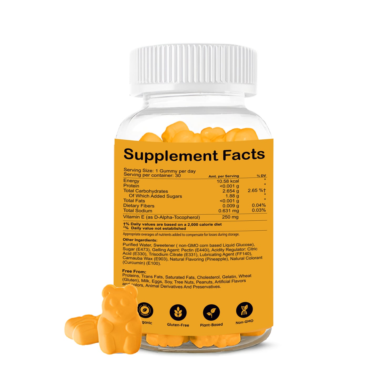 Pineapple-flavored vitamin E gummies from the Zenius India brand, featuring a supplement facts label and a bottle filled with the yellow gummies.