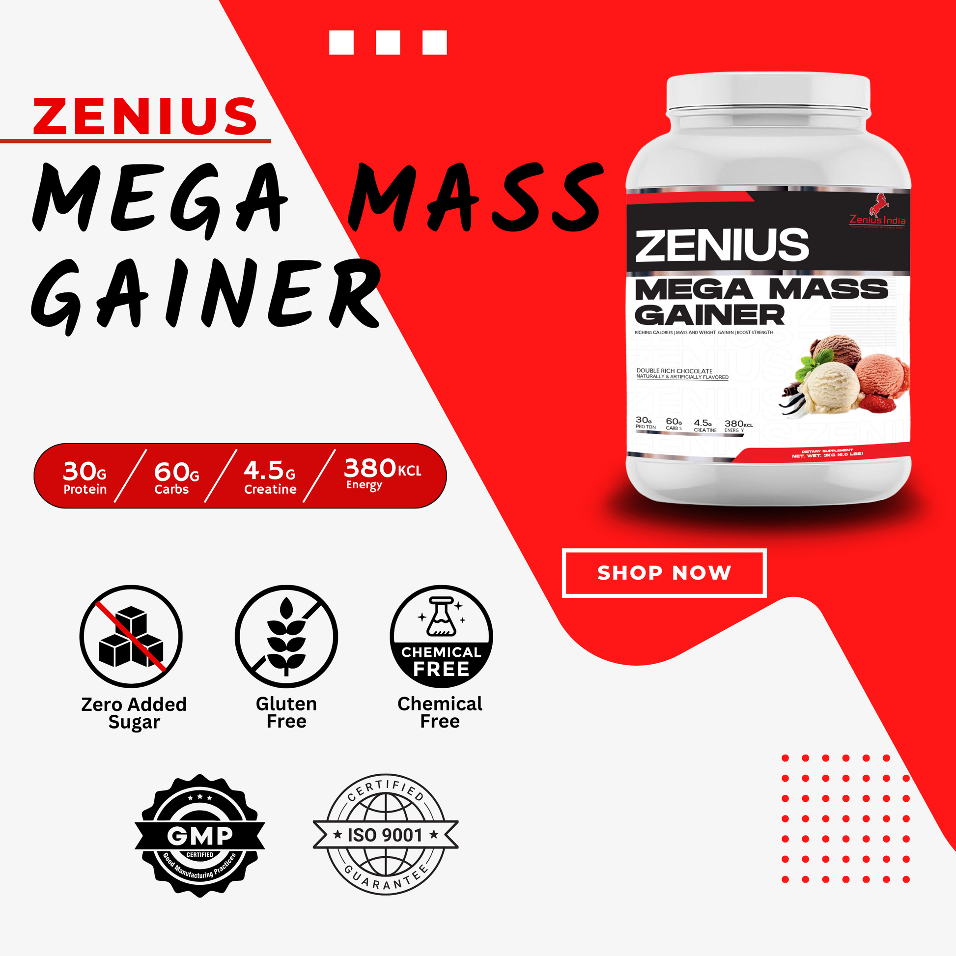 Zenius Mega Mass Gainer with Rich Chocolate Flavor for Muscle Growth - 3Kg - Zenius India