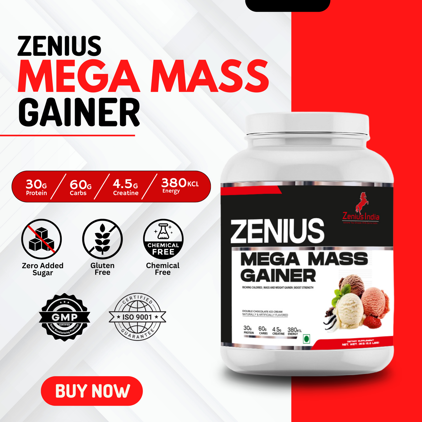 Zenius Mega Mass Gainer for Bulk Up Effectively, Muscle-Building Powerhouse (Double Chocolate Ice Cream Flavor - 3Kg - Zenius India