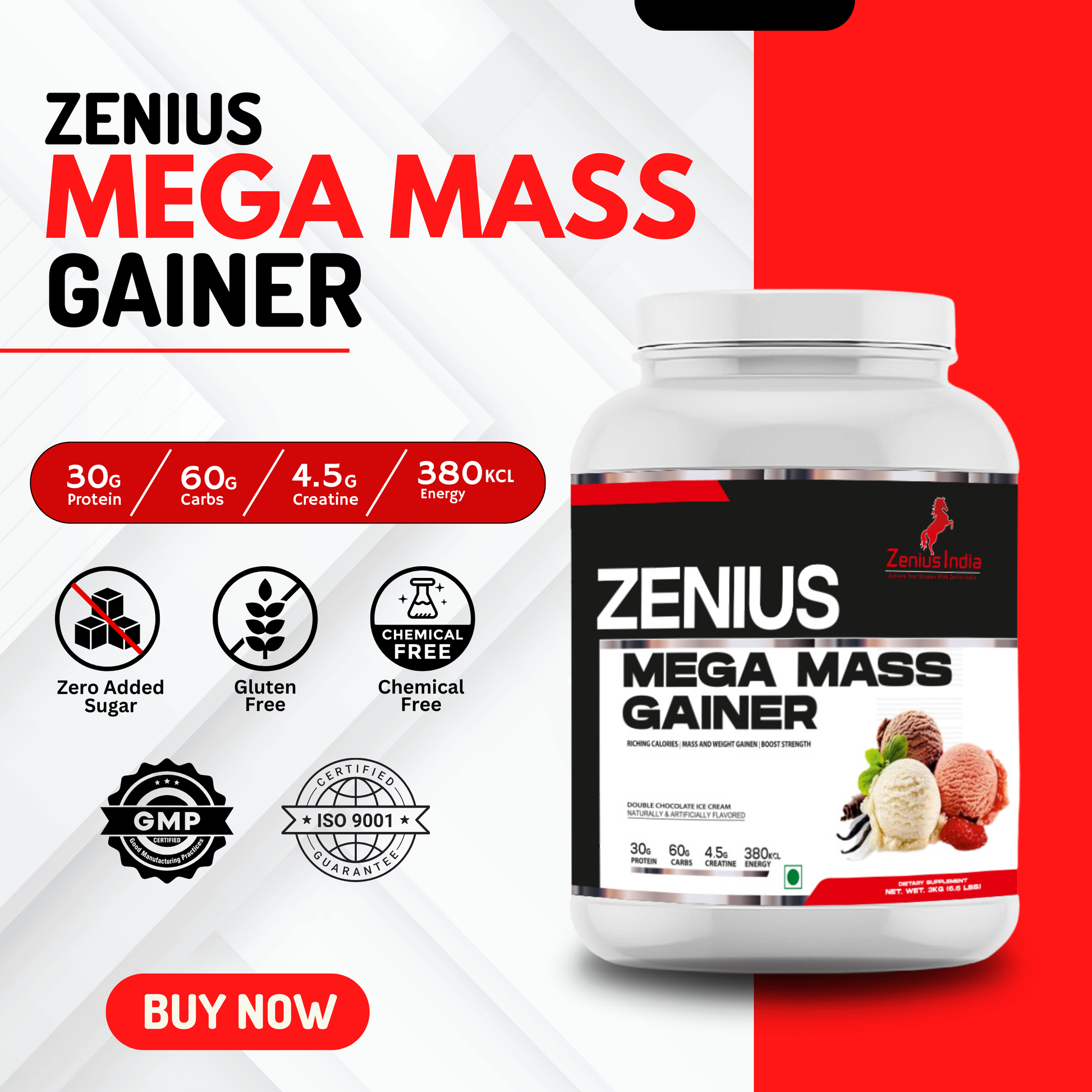 Zenius Mega Mass Gainer for Bulk Up Effectively, Muscle-Building Powerhouse (Double Chocolate Ice Cream Flavor - 3Kg - Zenius India