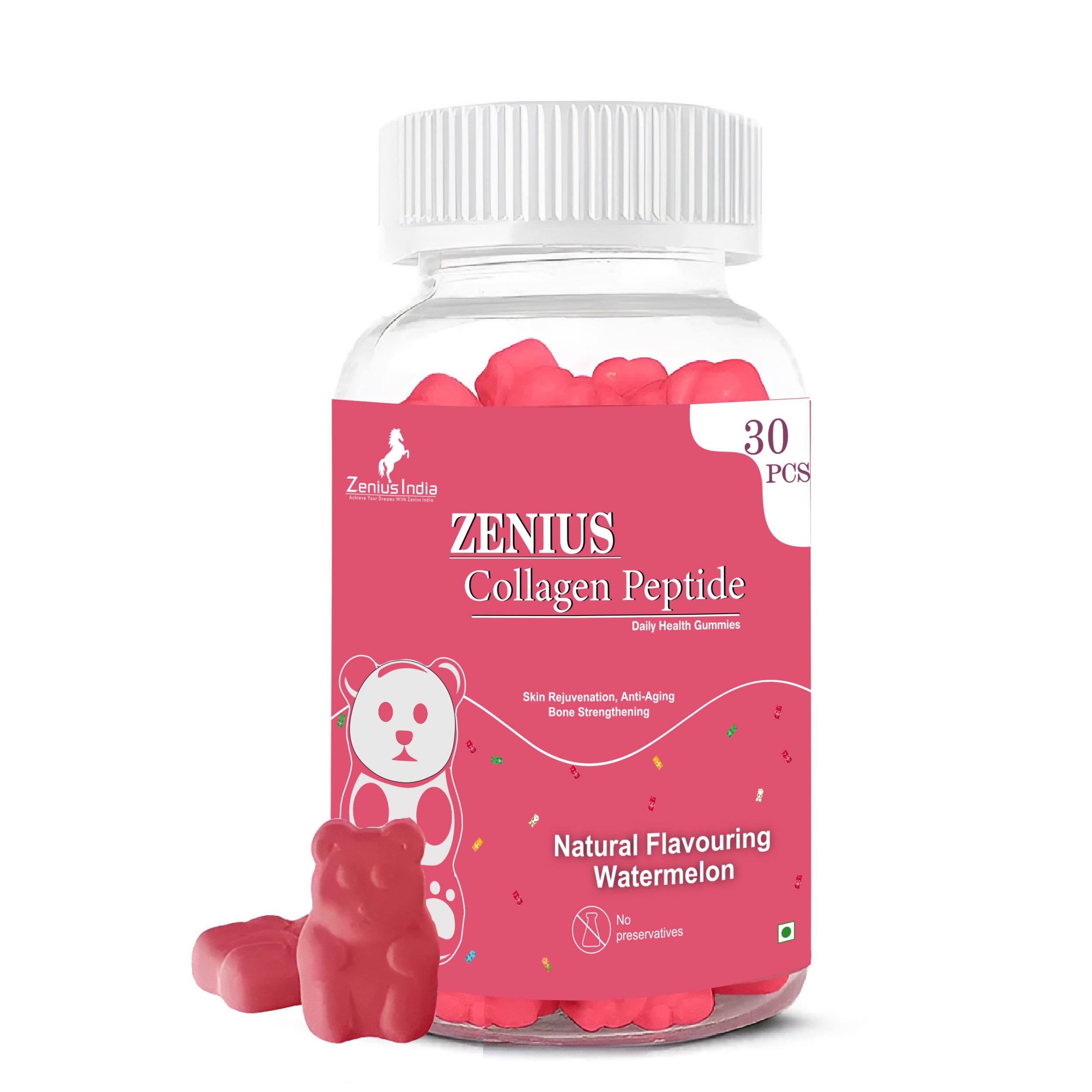 Watermelon-flavored collagen peptide gummies for Zenius India's health and beauty products line. The image shows a bottle of 30 gummy bears in a bright pink and white color scheme, featuring the Zenius India brand name and logo.