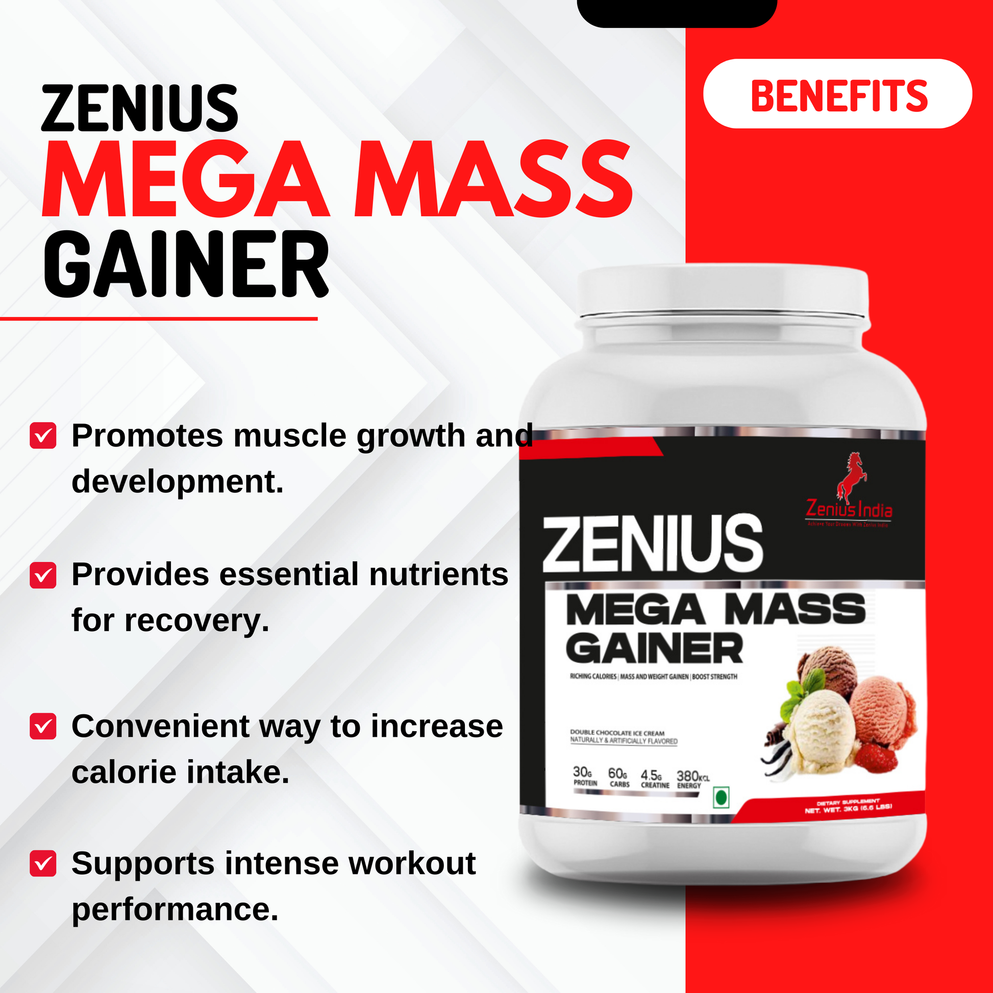 Zenius Mega Mass Gainer for Bulk Up Effectively, Muscle-Building Powerhouse (Double Chocolate Ice Cream Flavor - 3Kg - Zenius India