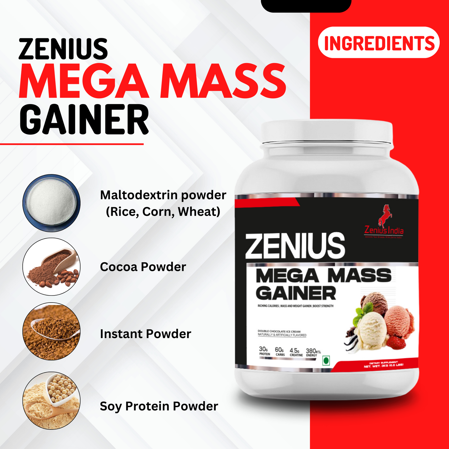 Zenius Mega Mass Gainer for Bulk Up Effectively, Muscle-Building Powerhouse (Double Chocolate Ice Cream Flavor - 3Kg - Zenius India