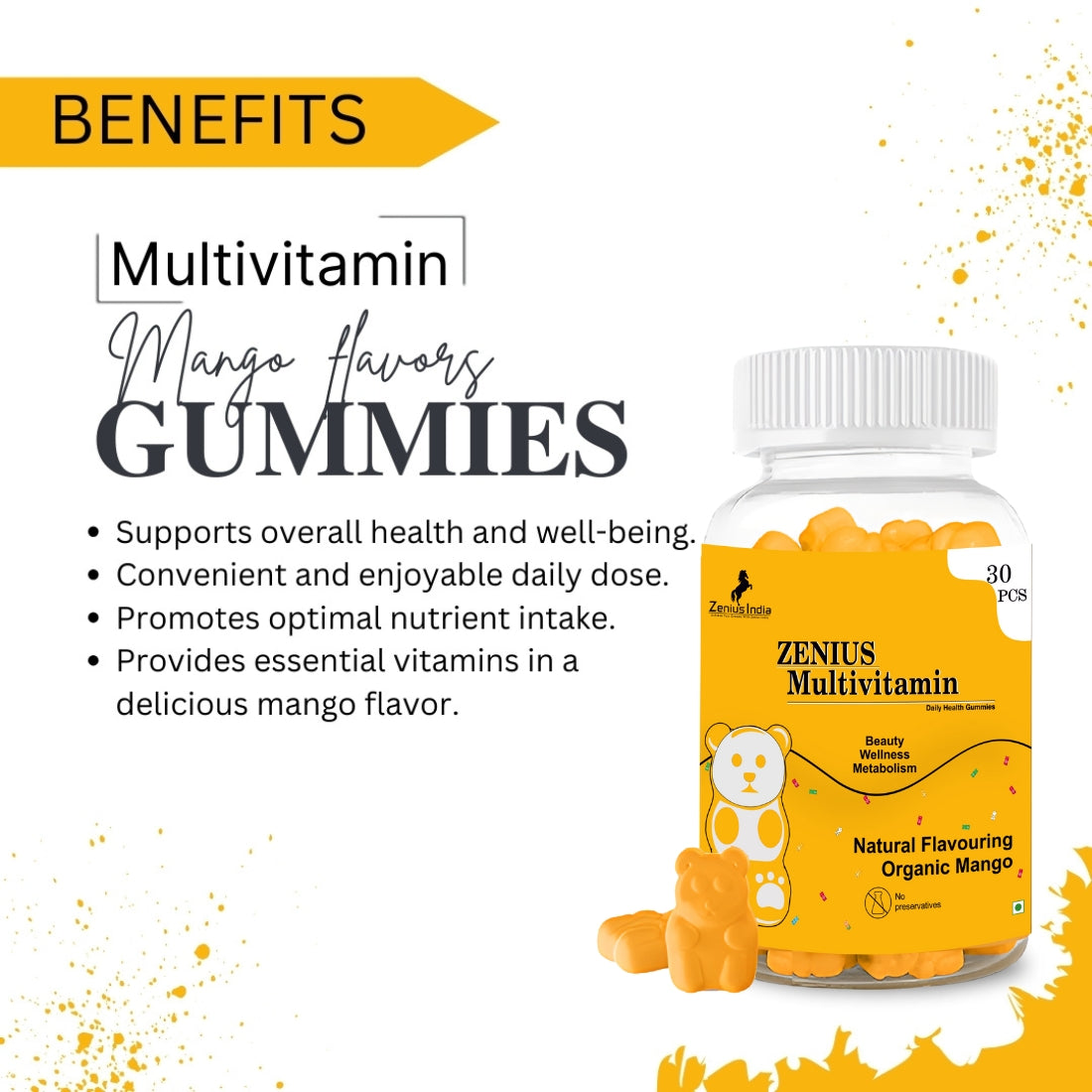 Zenius Multivitamin Gummies Delicious and Nutritious for Health (Mango Flavour) - 30 pcs. - Zenius India