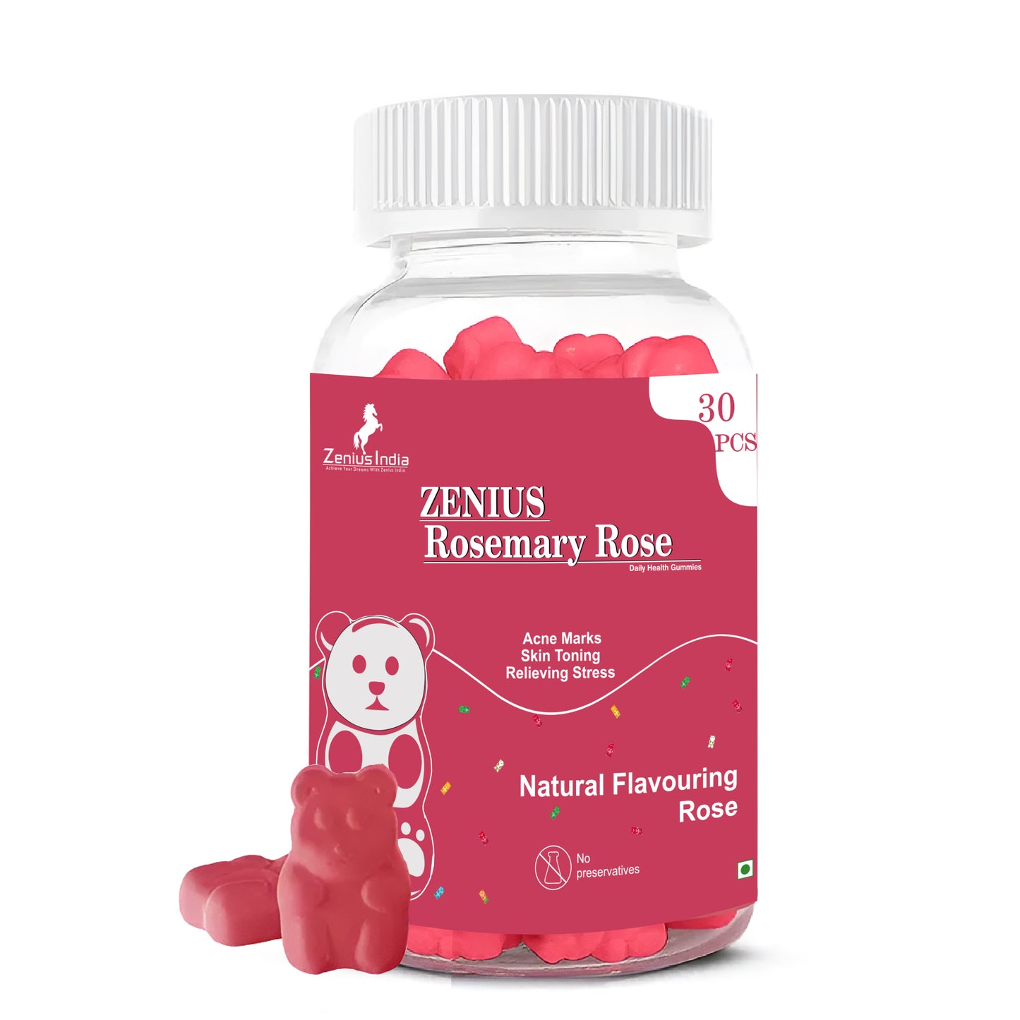 Rose-flavored rosemary gummy bears in a red and white bottle, showcasing the Zenius India brand and their natural, wellness-focused product.