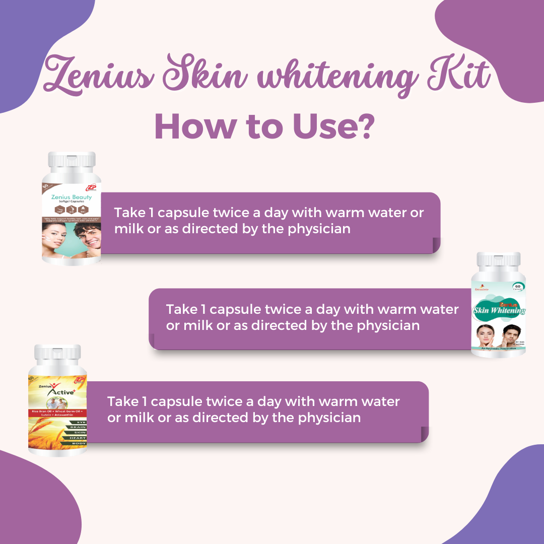 Zenius Skin Whitening Kit Beneficial To Dry Eyes & Skin Whitening and Glowing - pack of 3X60 Capsules - Zenius India