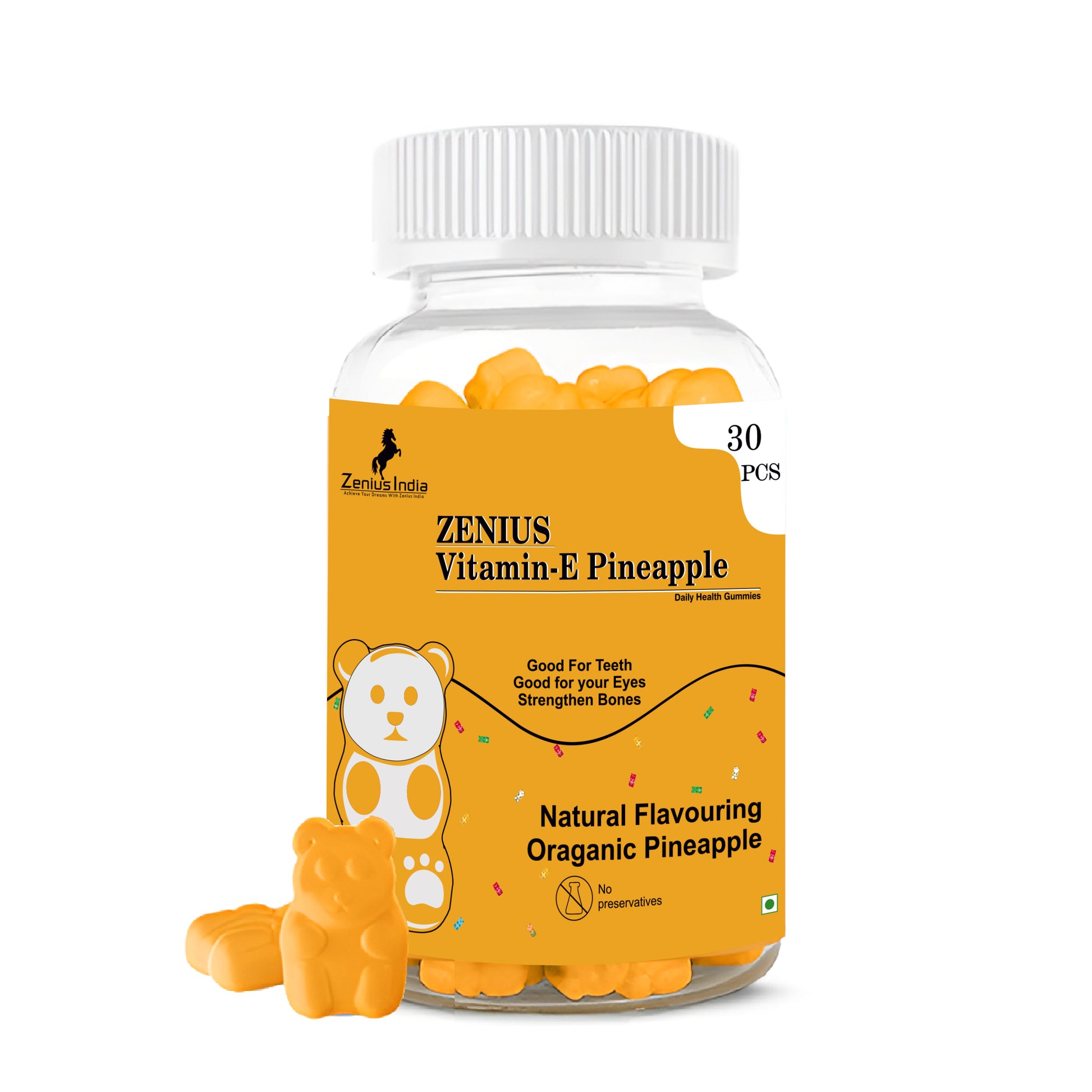 Zenius Tropical Pineapple Vitamin E Gummies: Vibrant organic pineapple-flavored gummies for healthy skin and hair.