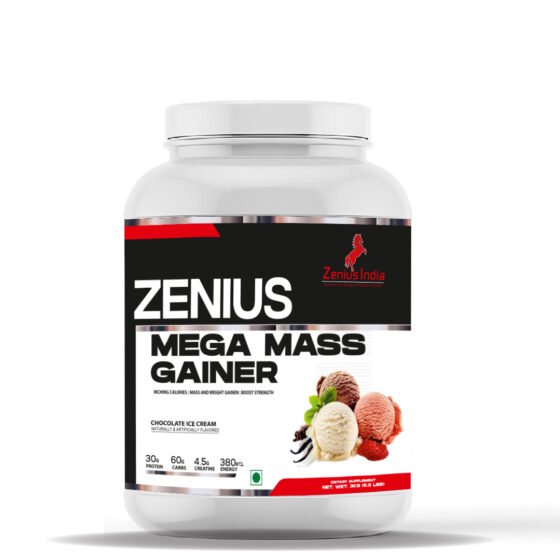 Zenius 3KG Chocolate Mass Gainer helps build muscle and boost weight naturally. Delicious chocolate ice cream flavor for Chocolate Ice Cream