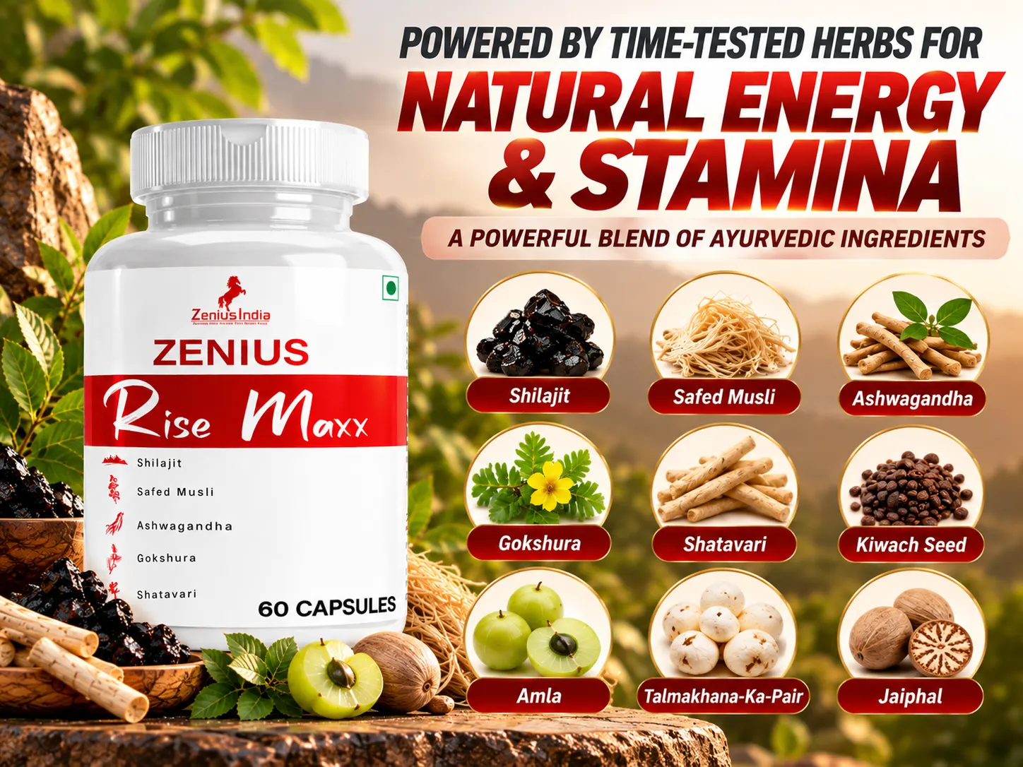 Zenius Rise Maxx Capsule | Ayurvedic Stamina & Energy Booster for Men 4 Ayurvedic Herbs Natural Energy Ad Zenius India
